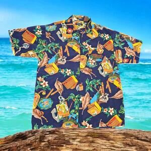 Vtg Koman Sport Hawaiian Shirt Floral Tropical Nautical Pipe Cigar Mens L Korea